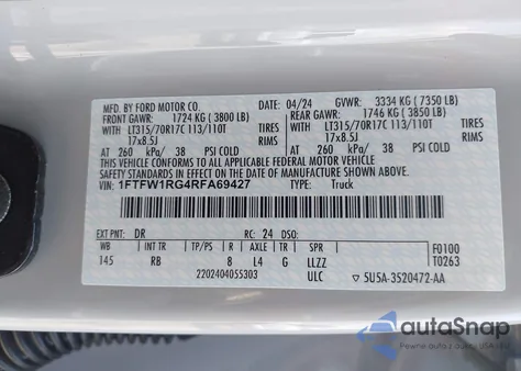 2024 Ford F-150 Raptor из США, поврежденный, VIN 1FTFW1RG4RFA69427